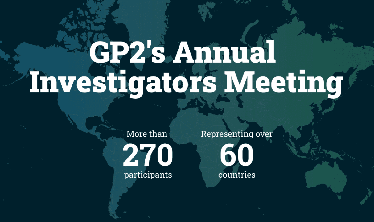 GP2 branded map of the world overlaid with white text stating GP2's Annual Investigators Meeting and statisticts about the attendees