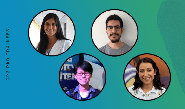 Four smiling individuals' head shots displayed on a vibrant green backdrop titled "GP2 PhD Trainees".
