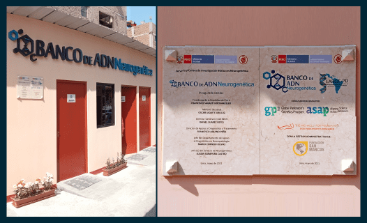 An image showing two views of a building associated with a DNA bank. On the left, the building's exterior has signage reading "Banco de ADN Neurológico" with red doors along the wall. On the right, a close-up of a plaque provides information about the facility and its affiliations, including logos for various supporting organizations, such as GP2 and ASAP. The plaque highlights details related to the bank's role in neurological research.